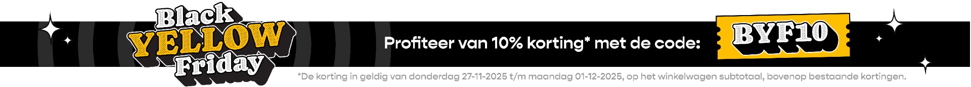 Black Yellow Friday actie, 10% korting met code BYF10